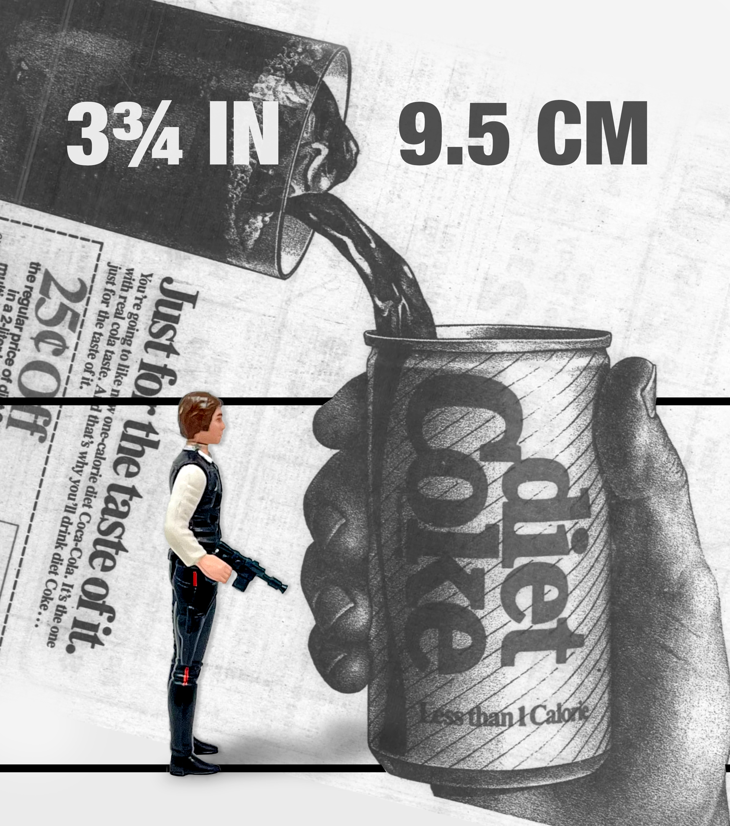 A 3¾-inch (9.5 cm) Kenner Han Solo figure beside a Diet Coke can, for scale