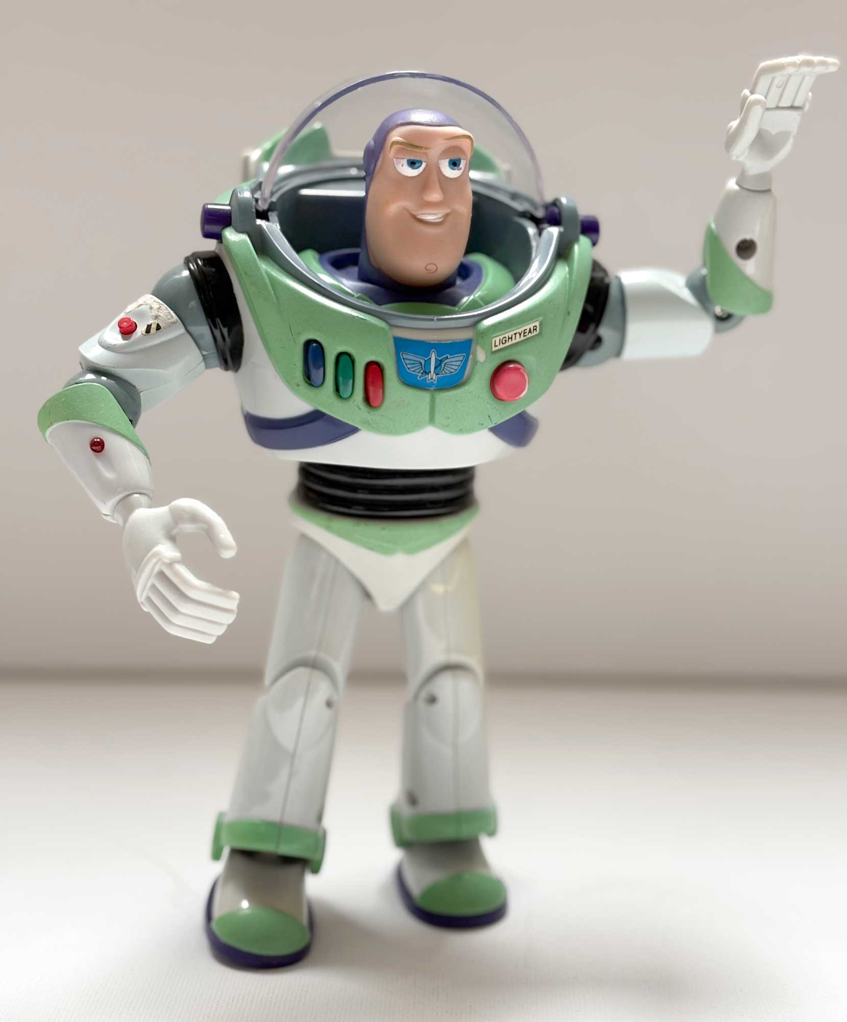 Thinkway Buzz Lightyear figure, front view, chest panel and dome helmet open