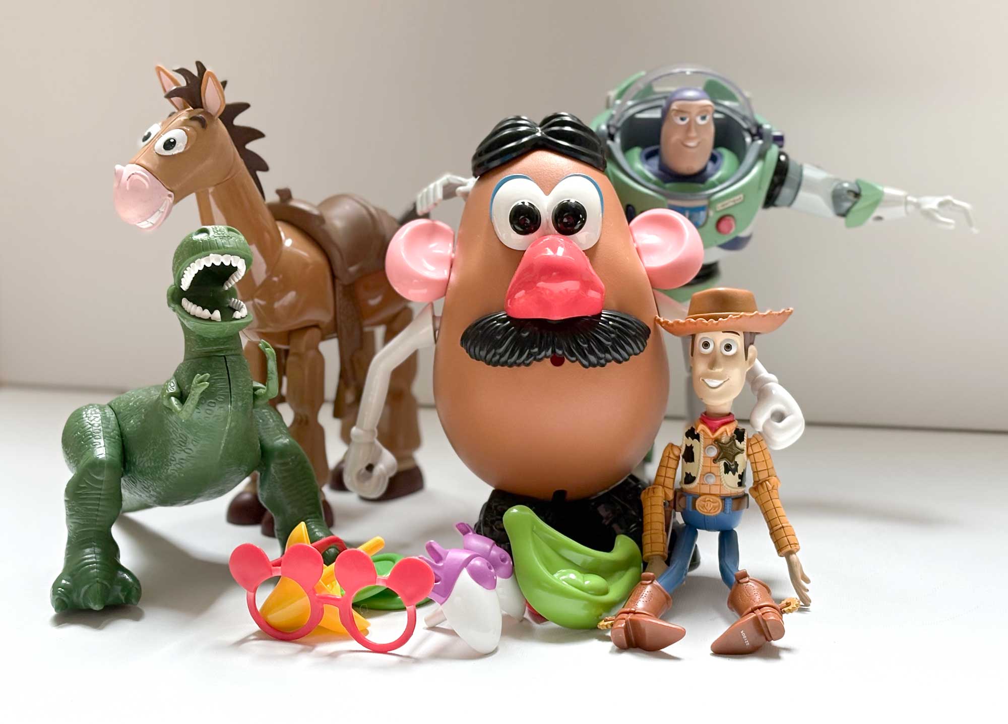 Thinkway Toy Story figures together: Rex, Bullseye, Mr. Potato Head, Buzz Lightyear and Woody